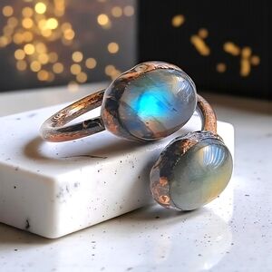 🆕 Boho Vintage Labradorite Ring Adjustable Open Wrap Handmade Copper Finish